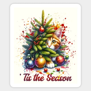Cat hiding behind Christmas Tree Magnet
